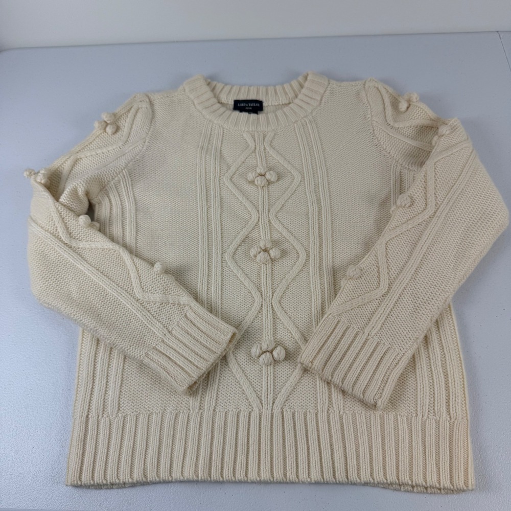 Lord & Taylor Petite Cream 100% Wool Cable Knit Pom Pom Bobble Sweater PL